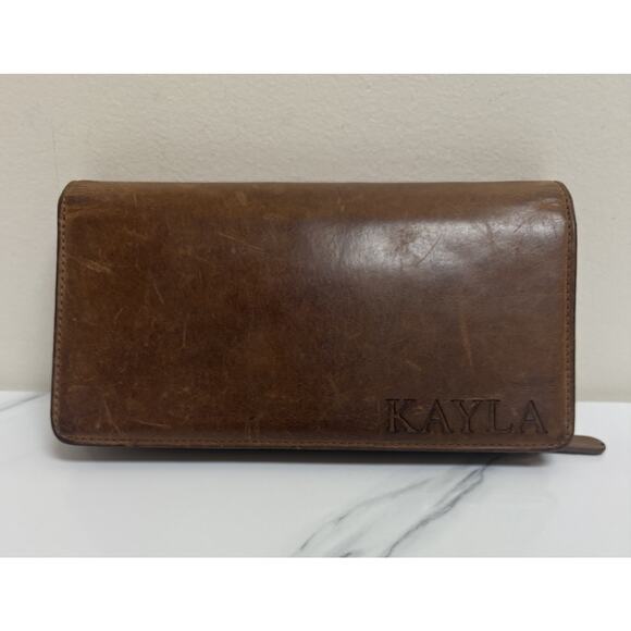 Brown Genuine Leather Long Wallet Clutch Engraved "Kayla" 8x4x1.5 - Picture 1 of 5